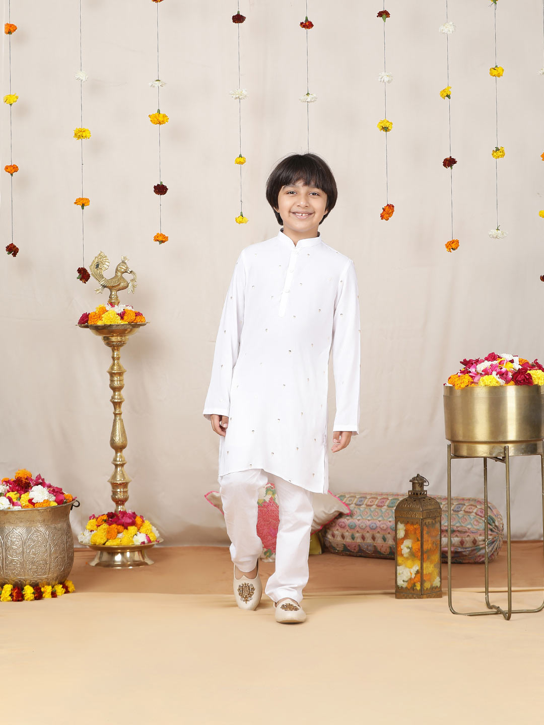 Boy's White Sequinned Motif Embroidered Rayon Straight Kurta