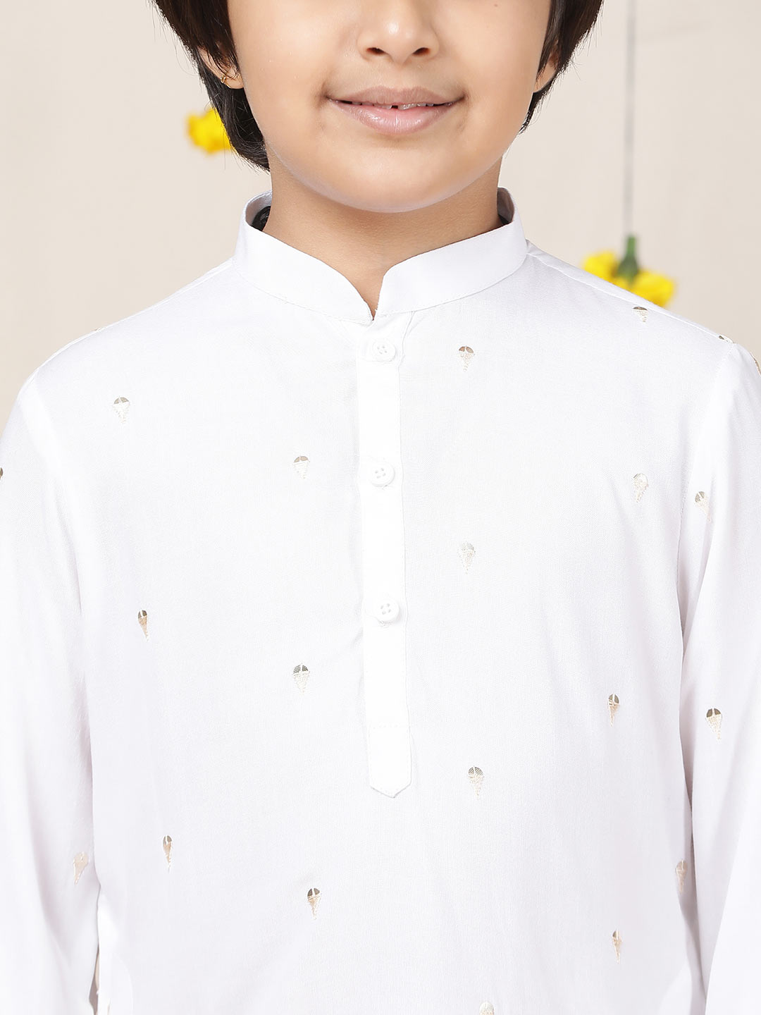 Boy's White Sequinned Motif Embroidered Rayon Straight Kurta with Pyjama