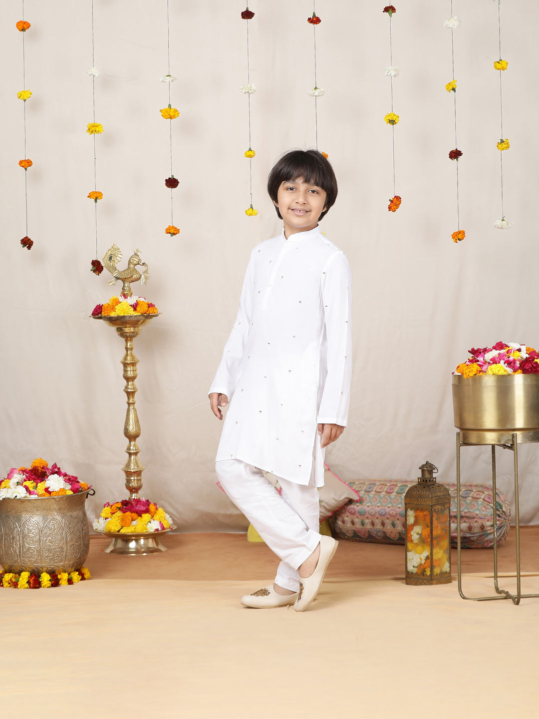 Boy's White Sequinned Motif Embroidered Rayon Straight Kurta with Pyjama