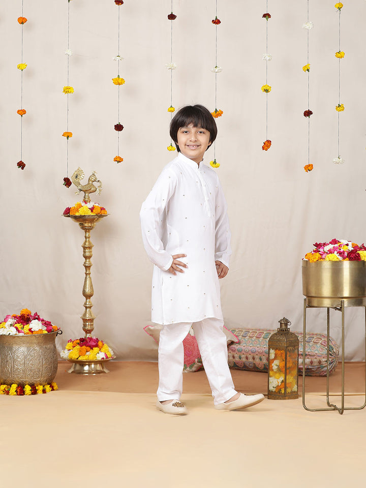 Boy's White Sequinned Motif Embroidered Rayon Straight Kurta