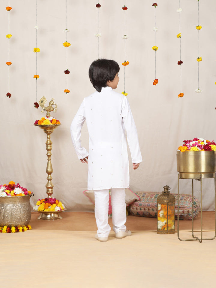 Boy's White Sequinned Motif Embroidered Rayon Straight Kurta