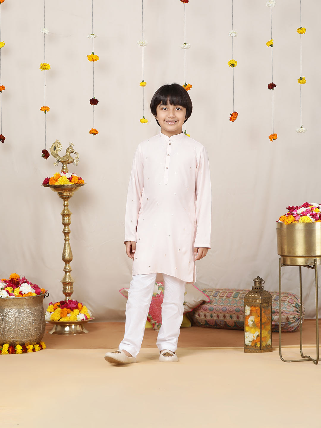 Boy's Light Pink Sequinned Motif Embroidered Rayon Straight Kurta