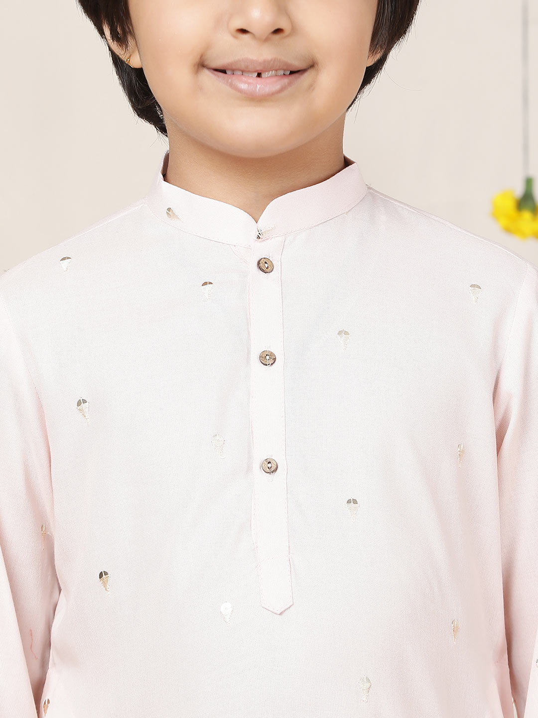 Boy's Light Pink Sequinned Motif Embroidered Rayon Straight Kurta