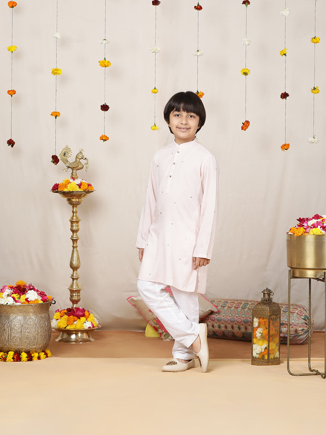 Boy's Light Pink Sequinned Motif Embroidered Rayon Straight Kurta