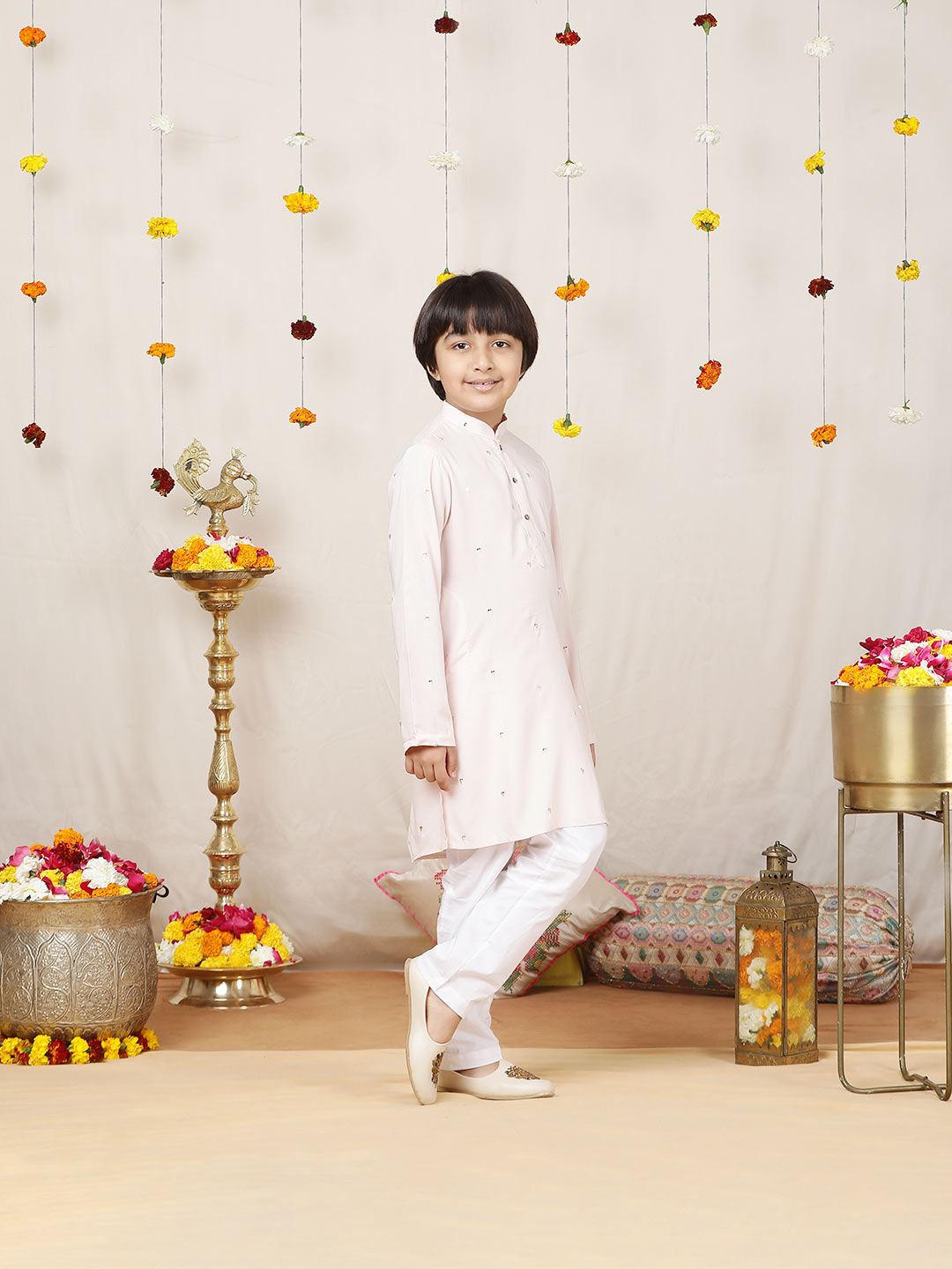 Boy's Light Pink Sequinned Motif Embroidered Rayon Straight Kurta