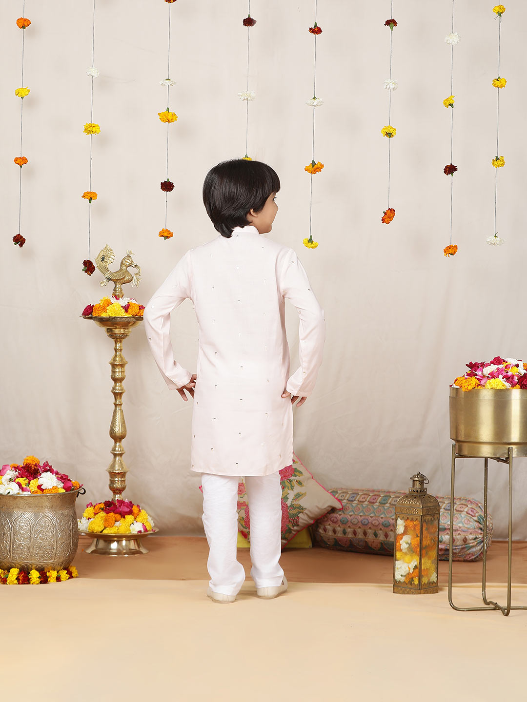 Boy's Light Pink Sequinned Motif Embroidered Rayon Straight Kurta