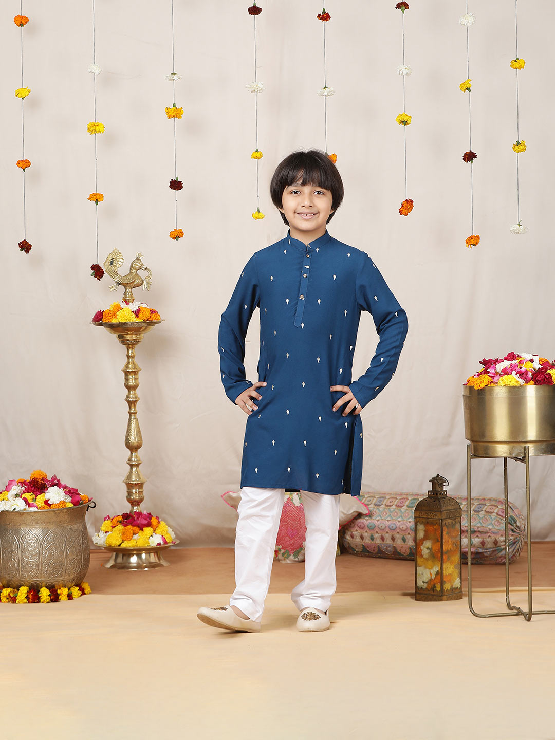 Boy's Blue Sequinned Motif Embroidered Rayon Straight Kurta