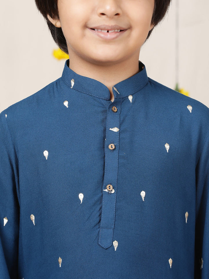 Boy's Blue Sequinned Motif Embroidered Rayon Straight Kurta