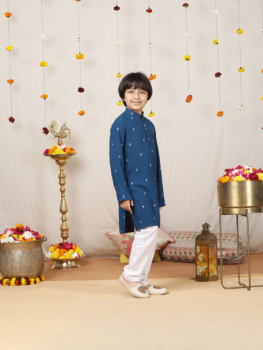 Boy's Blue Sequinned Motif Embroidered Rayon Straight Kurta