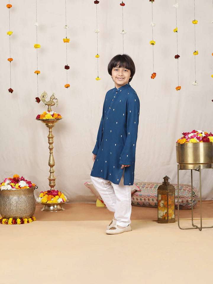 Boy's Blue Sequinned Motif Embroidered Rayon Straight Kurta