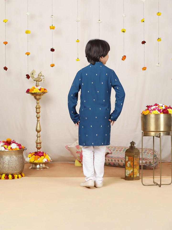 Boy's Blue Sequinned Motif Embroidered Rayon Straight Kurta