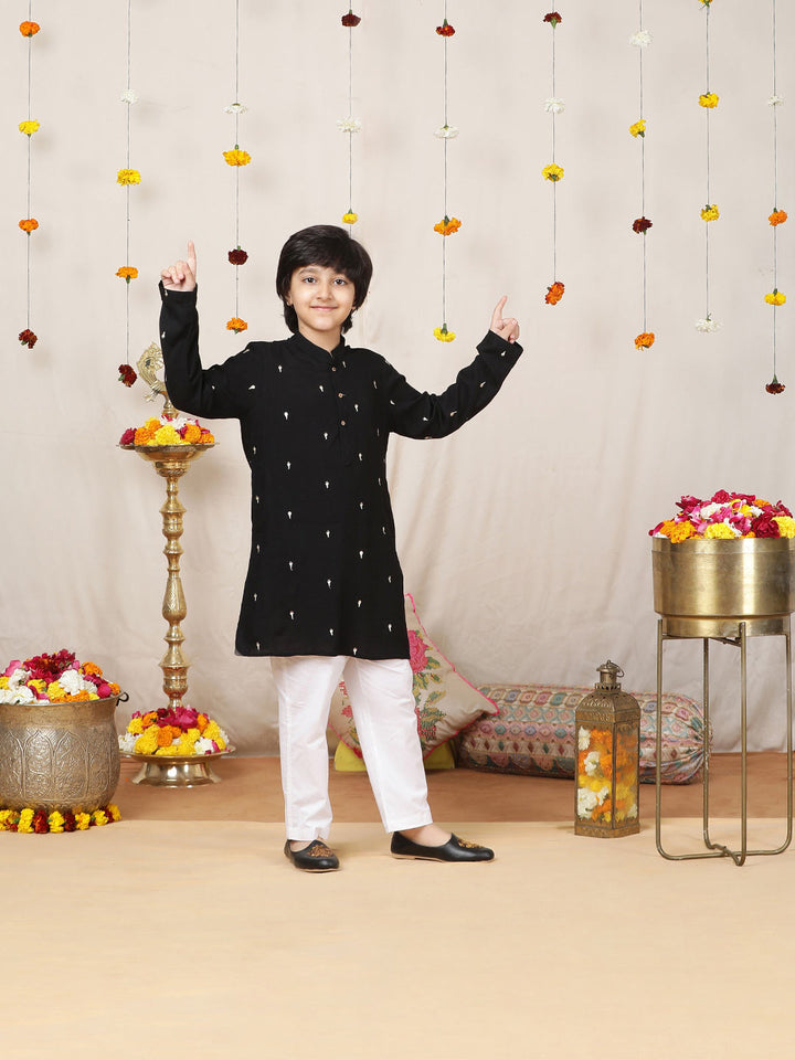 Boy's Black Sequinned Motif Embroidered Rayon Straight Kurta