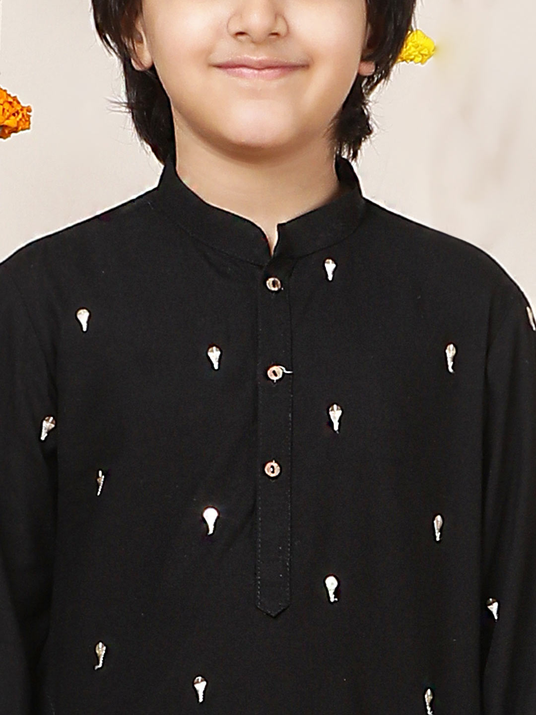 Boy's Black Sequinned Motif Embroidered Rayon Straight Kurta