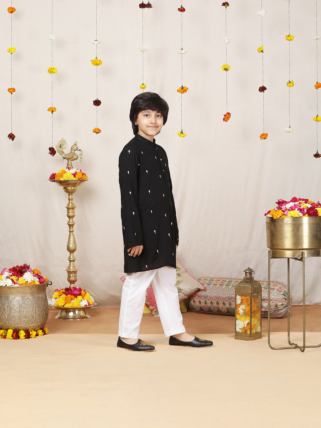 Boy's Black Sequinned Motif Embroidered Rayon Straight Kurta