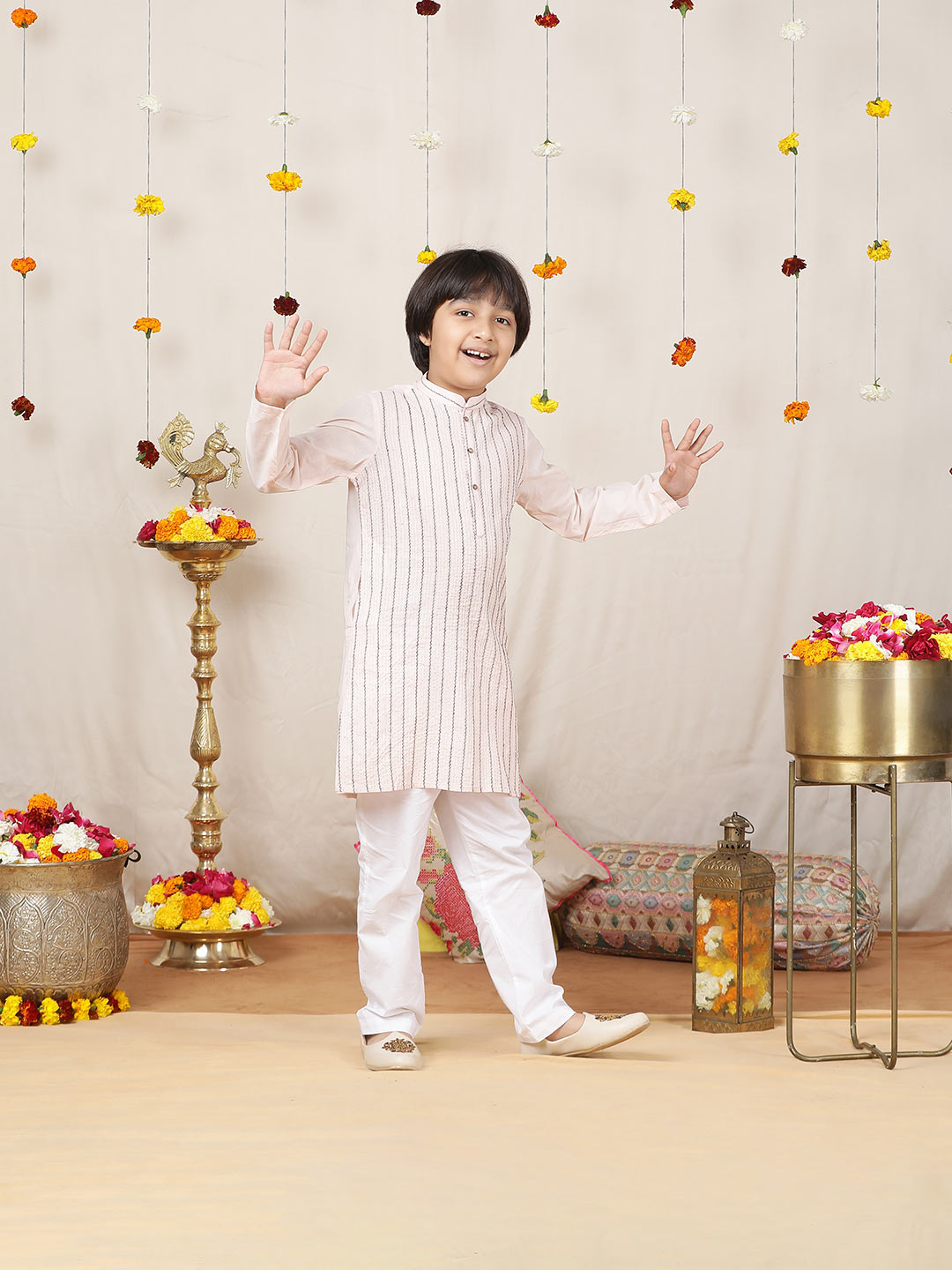 Boy's Light Pink Striped Embroidered Pure Cotton Straight Kurta