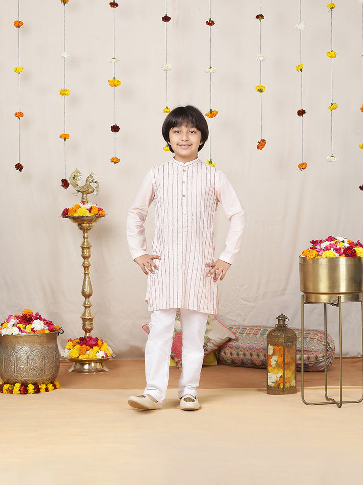 Boy's Light Pink Striped Embroidered Pure Cotton Straight Kurta