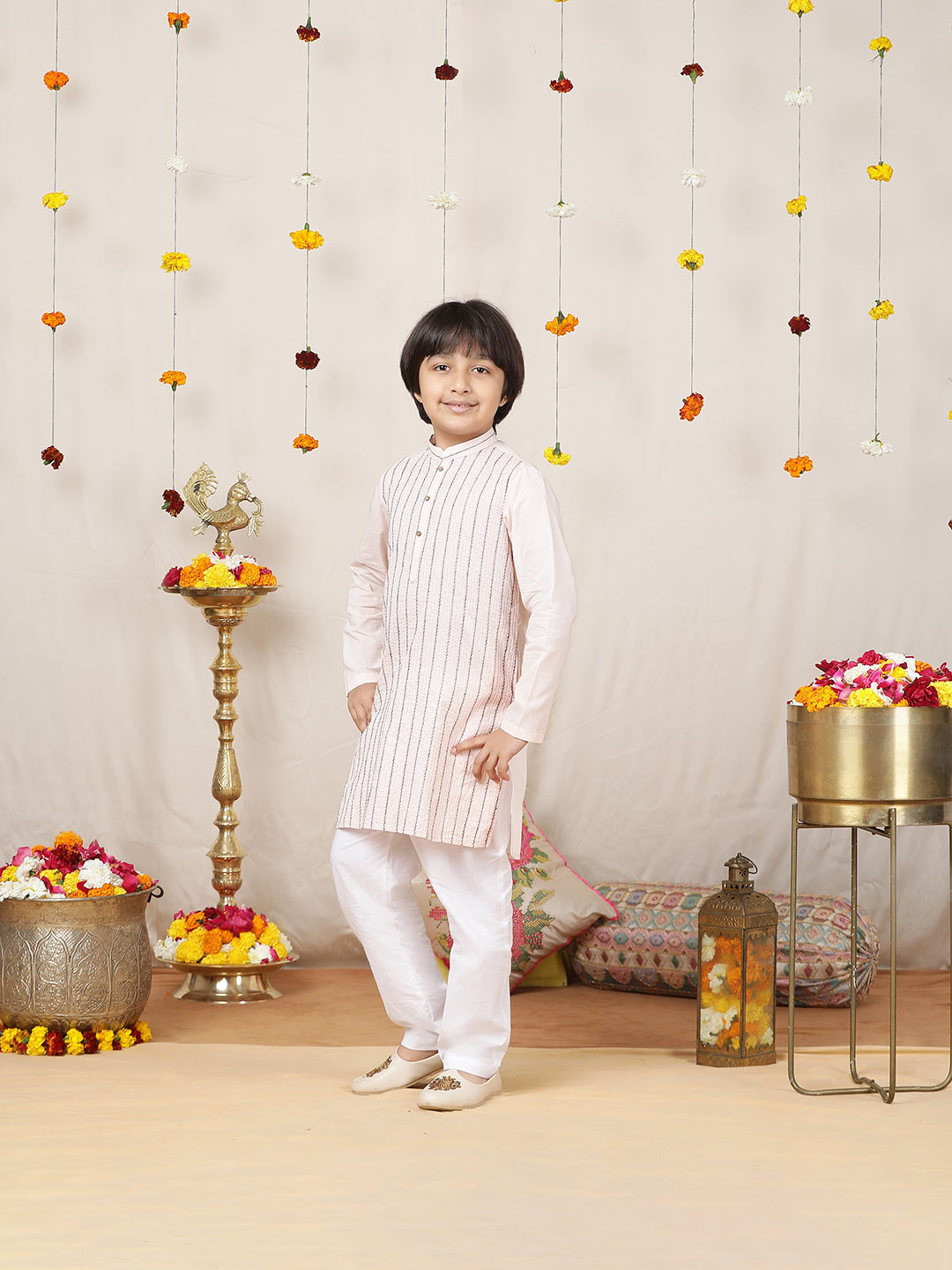 Boy's Light Pink Striped Embroidered Pure Cotton Straight Kurta