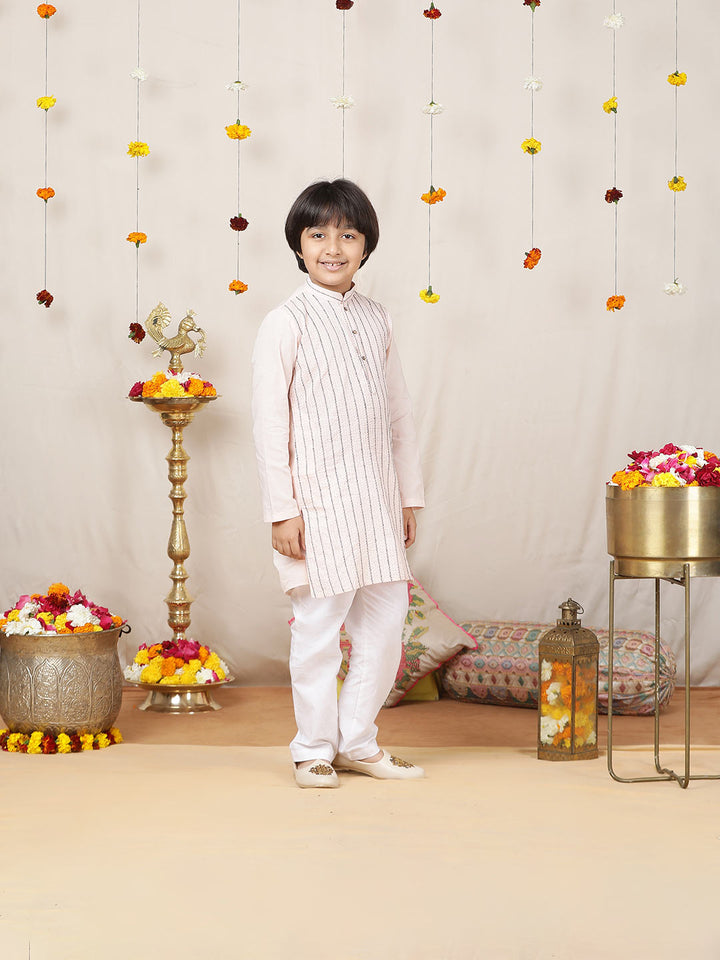 Boy's Light Pink Striped Embroidered Pure Cotton Straight Kurta