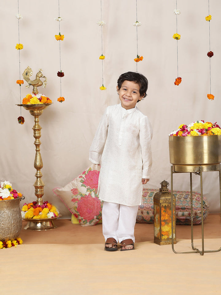 Boy's Off-White Sequinned Embroidered and Thread Work Chanderi Silk Straight Kurta