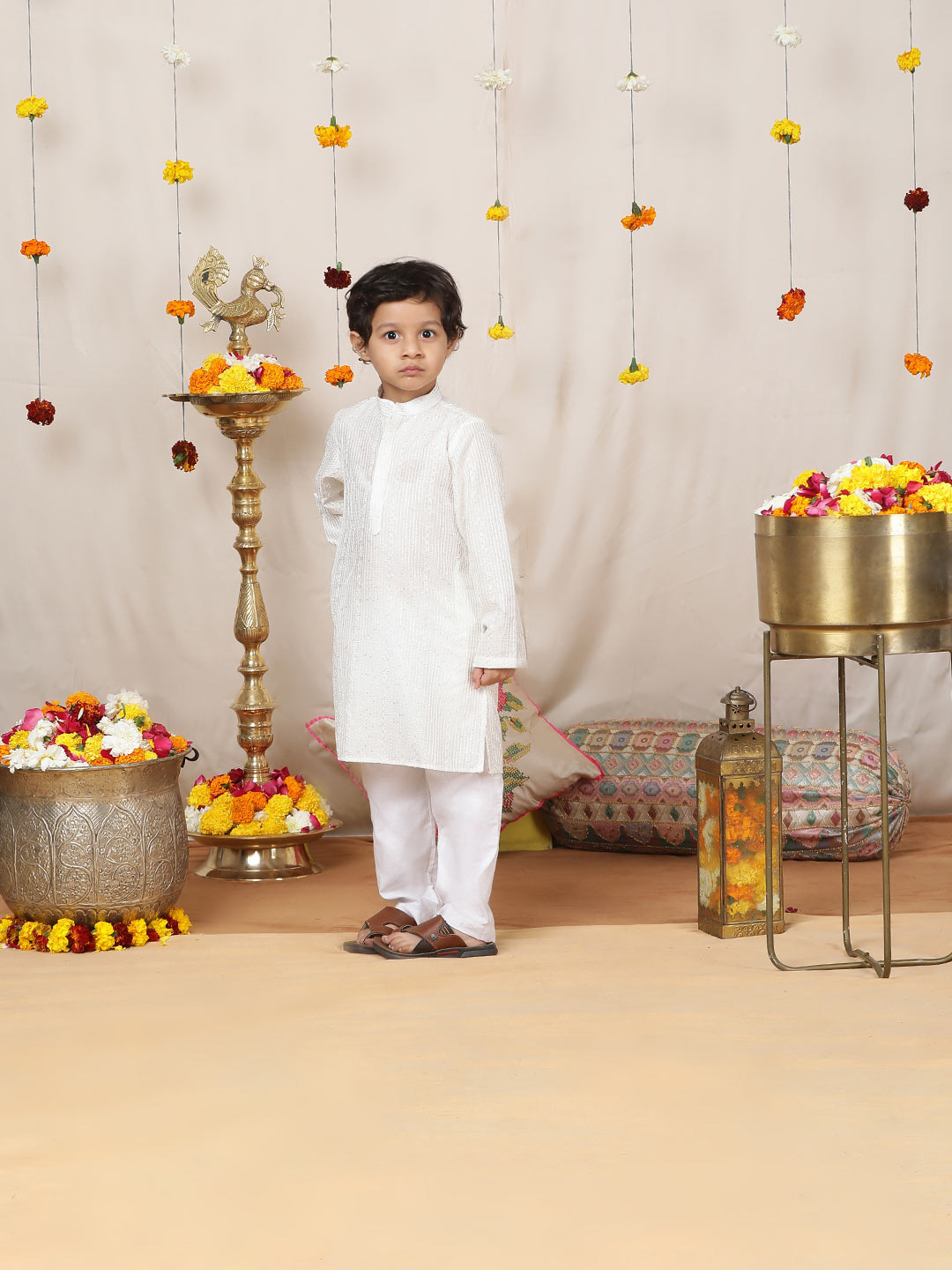 Boy's Off-White Sequinned Embroidered and Thread Work Chanderi Silk Straight Kurta