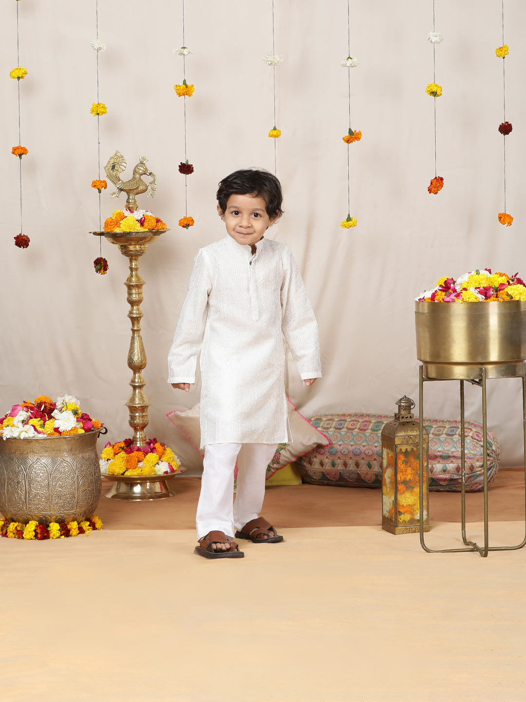 Boy's Off-White Sequinned Embroidered and Thread Work Chanderi Silk Straight Kurta