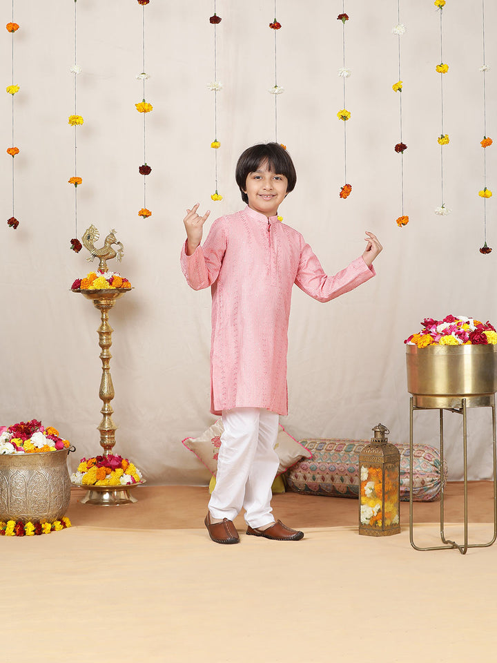 Boy's Pink Sequinned Embroidered and Thread Work Chanderi Silk Straight Kurta