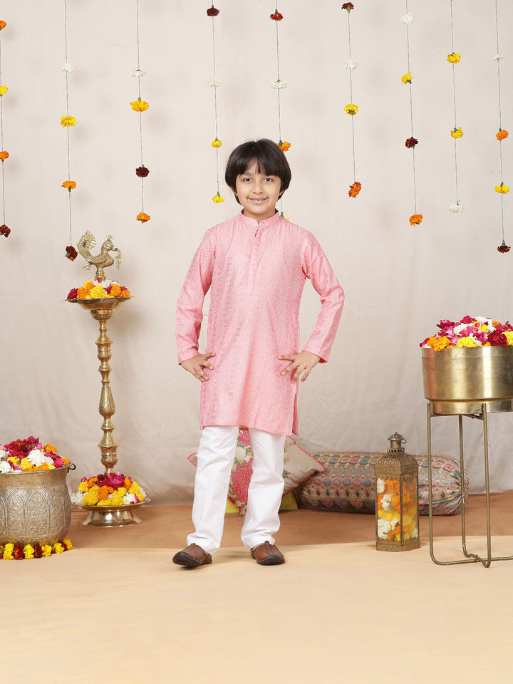 Boy's Pink Sequinned Embroidered and Thread Work Chanderi Silk Straight Kurta