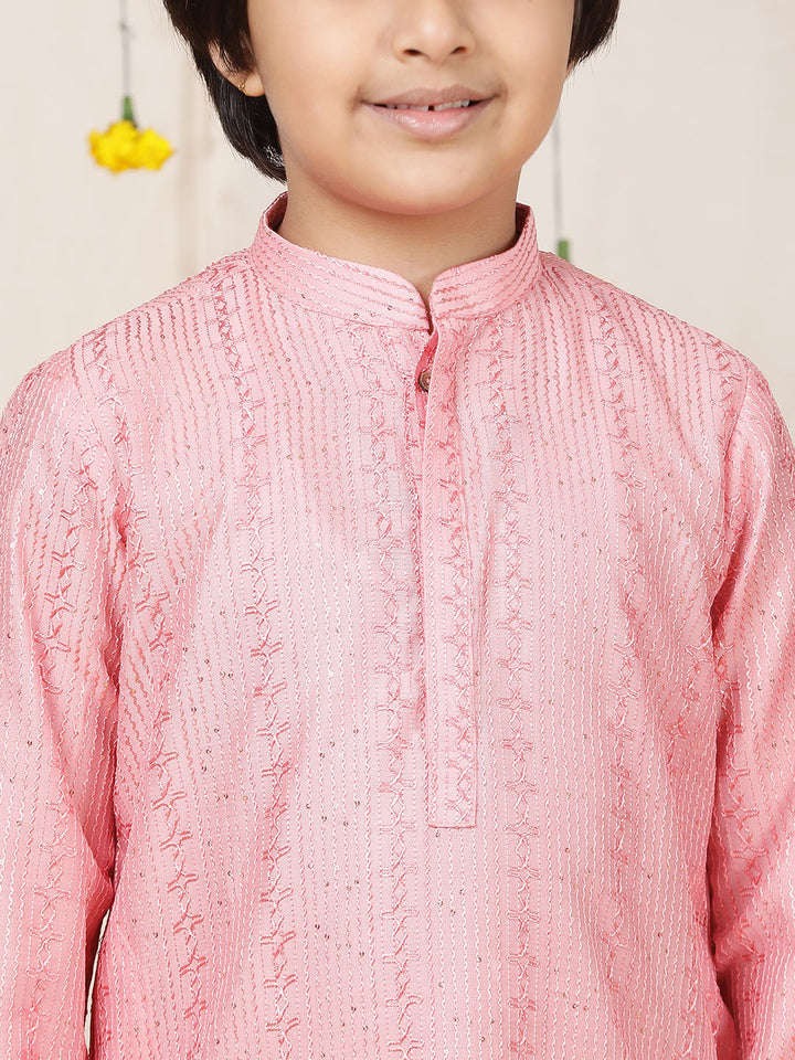 Boy's Pink Sequinned Embroidered and Thread Work Chanderi Silk Straight Kurta