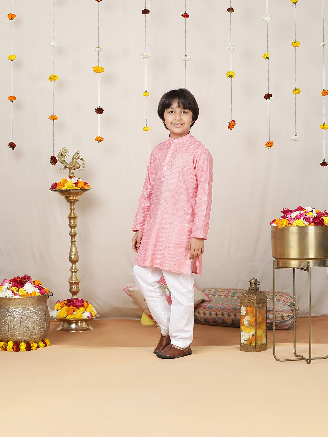 Boy's Pink Sequinned Embroidered and Thread Work Chanderi Silk Straight Kurta