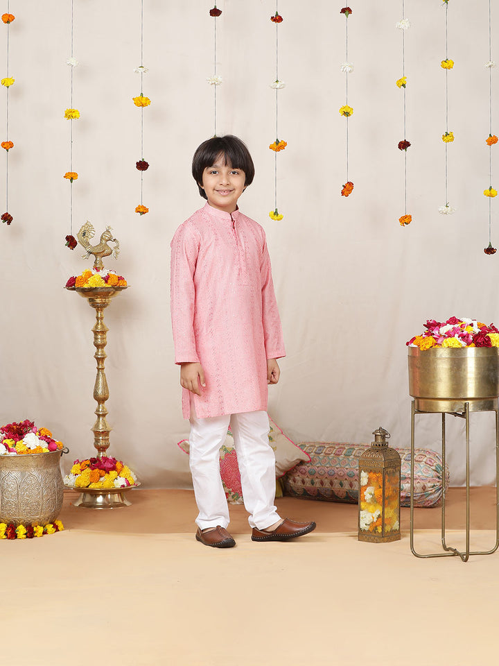 Boy's Pink Sequinned Embroidered and Thread Work Chanderi Silk Straight Kurta