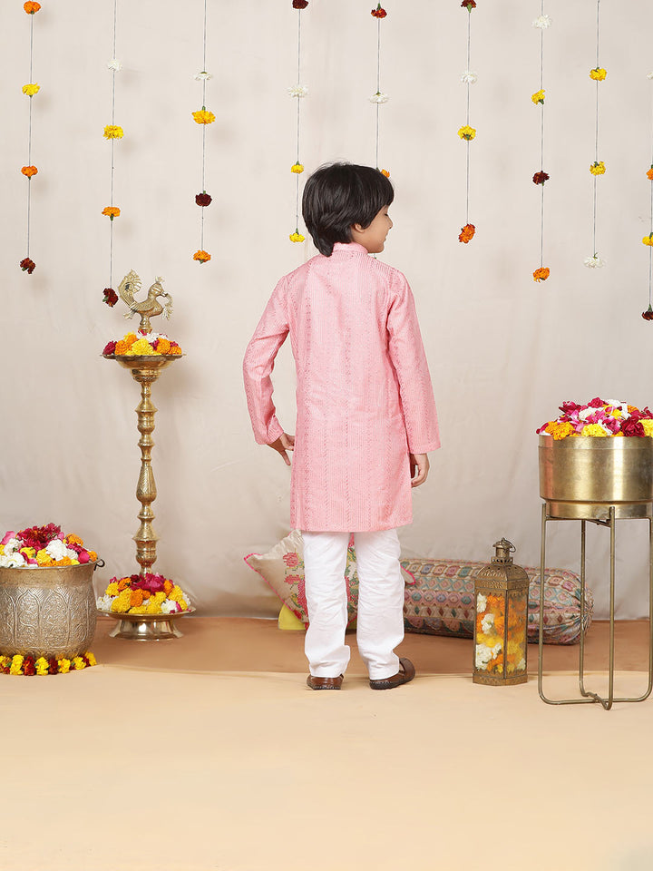 Boy's Pink Sequinned Embroidered and Thread Work Chanderi Silk Straight Kurta