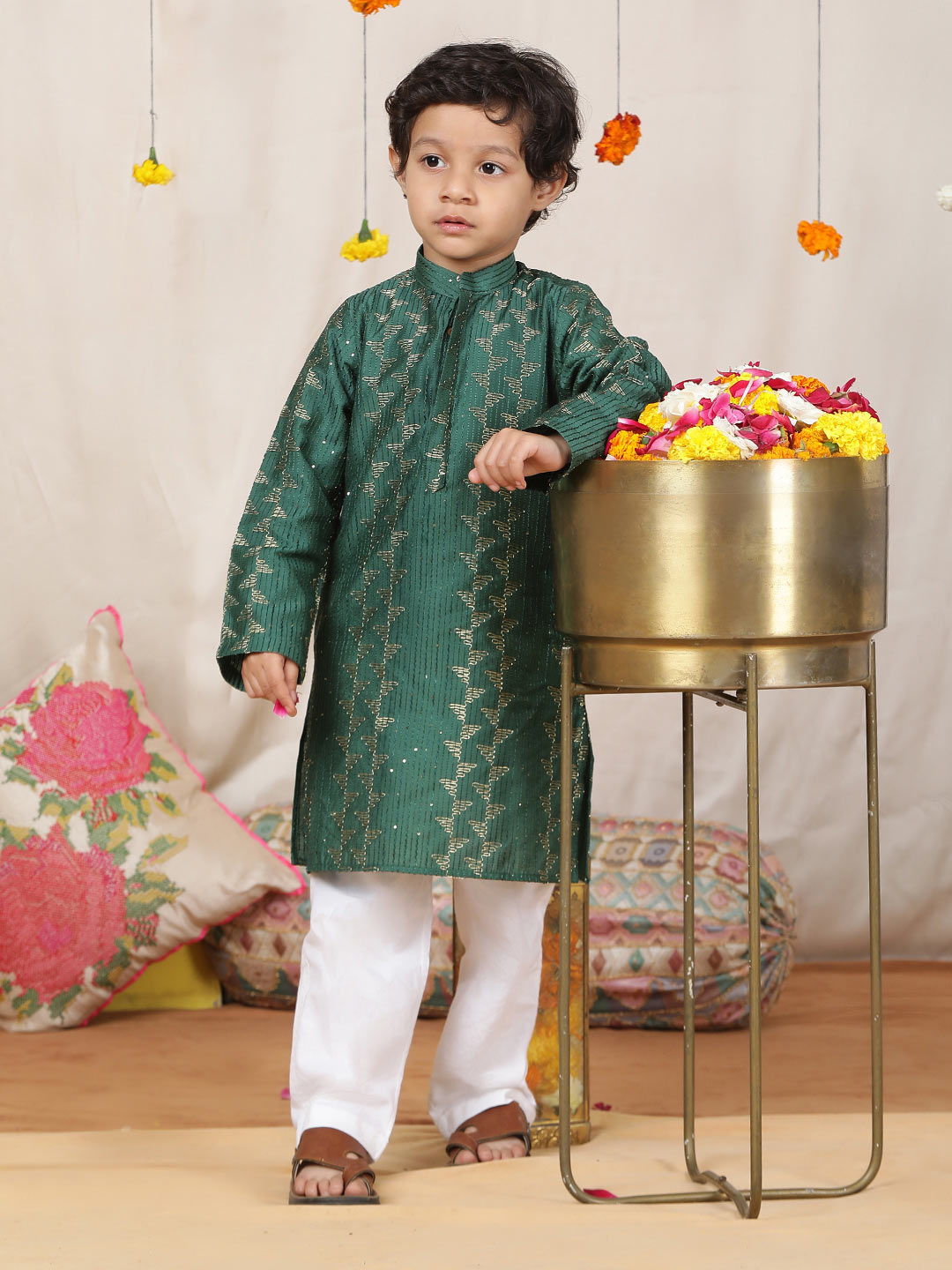 Boy's Green Sequinned Embroidered and Thread Work Chanderi Silk Straight Kurta with Pyjama