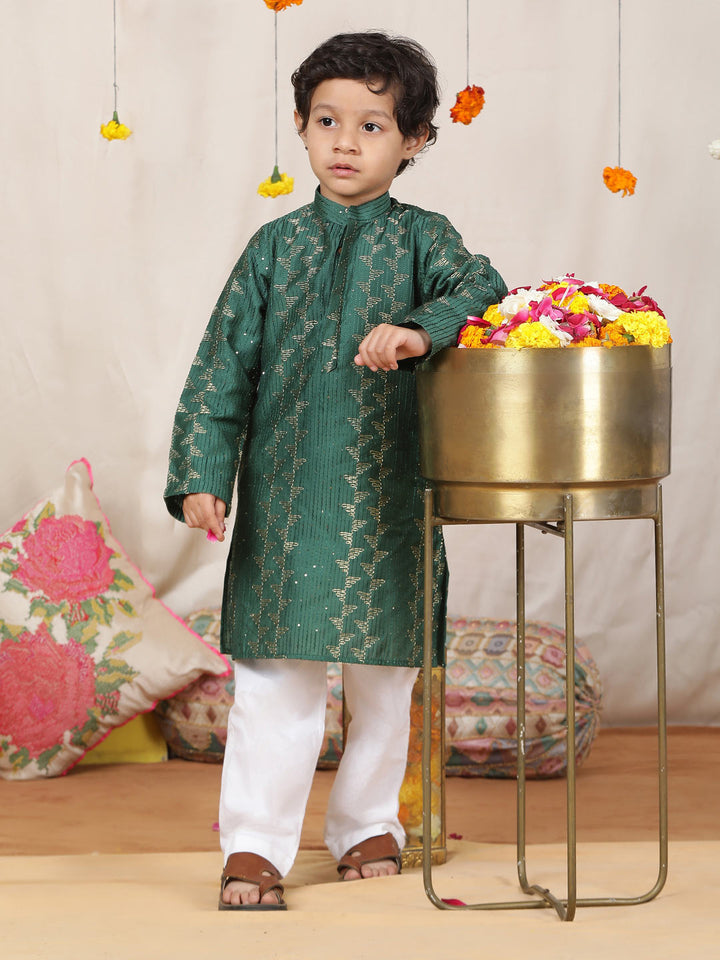 Boy's Green Sequinned Embroidered and Thread Work Chanderi Silk Straight Kurta