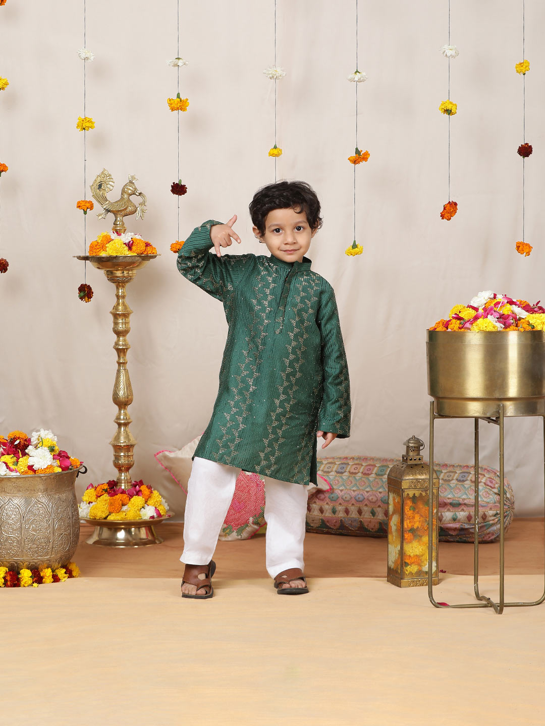 Boy's Green Sequinned Embroidered and Thread Work Chanderi Silk Straight Kurta