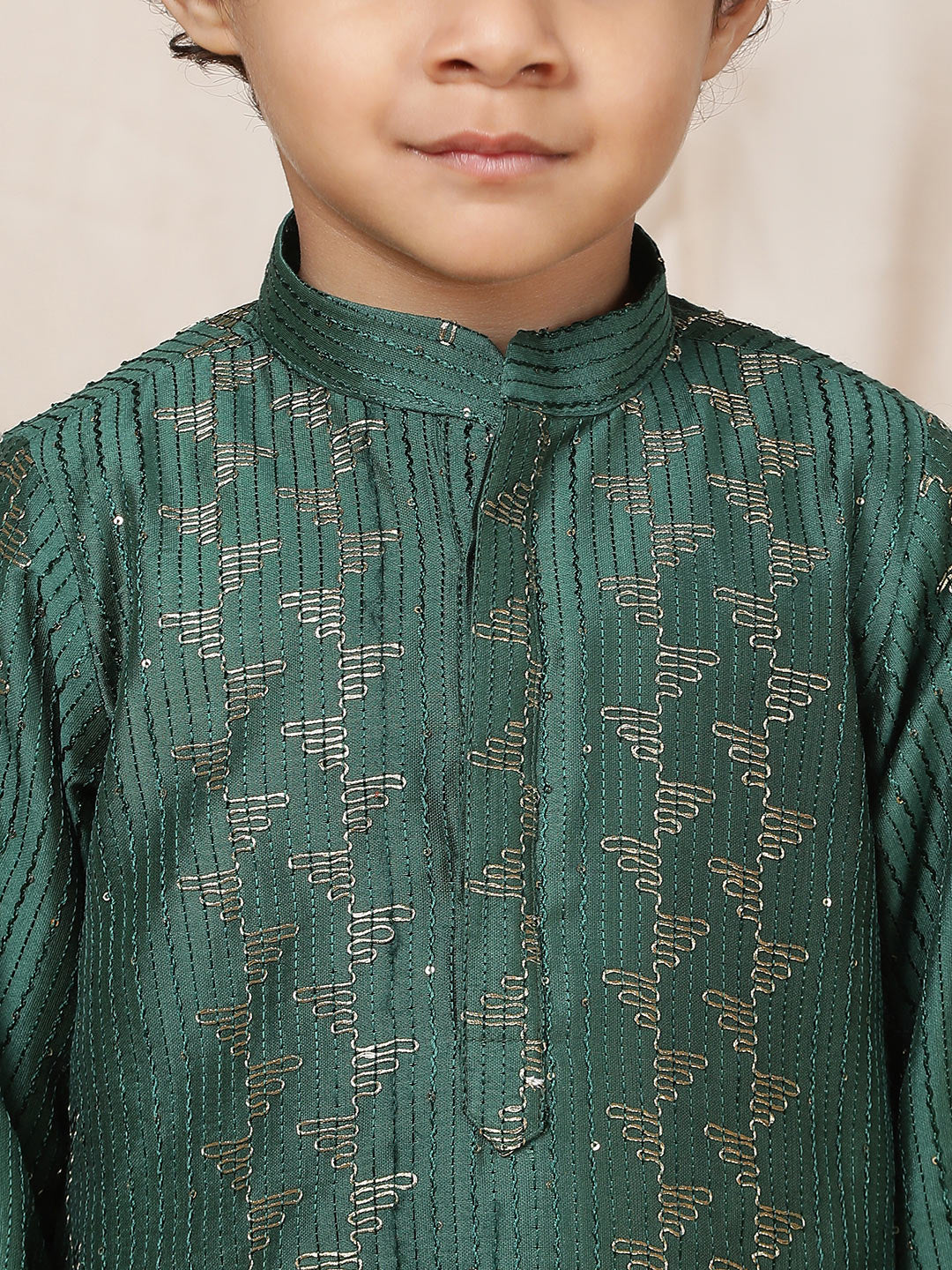 Boy's Green Sequinned Embroidered and Thread Work Chanderi Silk Straight Kurta