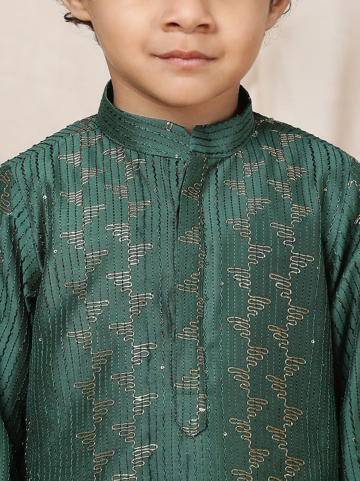 Boy's Green Sequinned Embroidered and Thread Work Chanderi Silk Straight Kurta with Pyjama