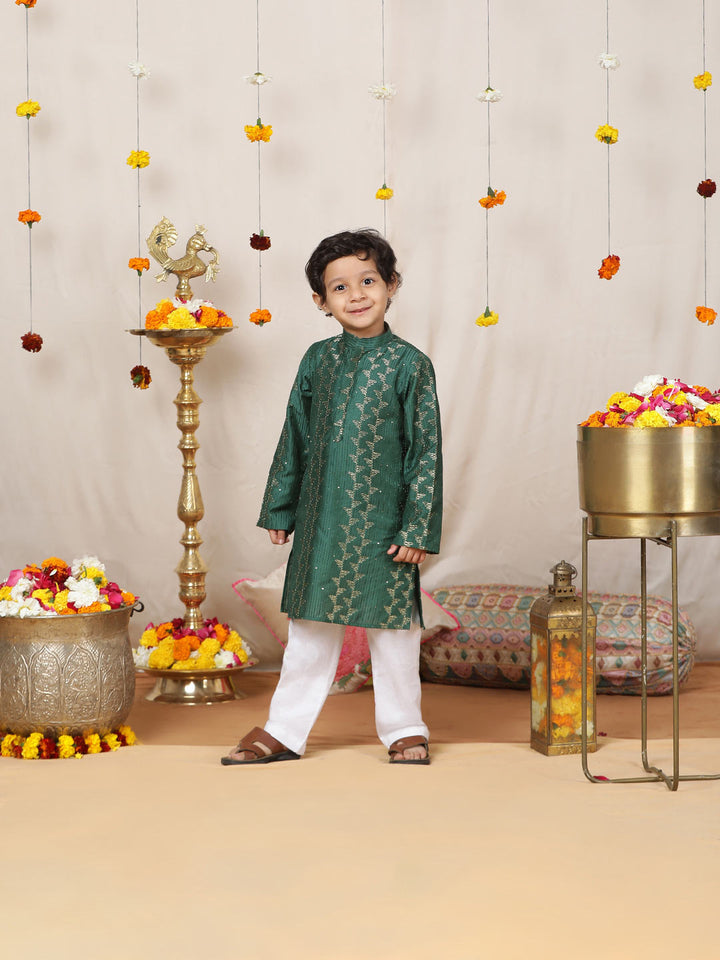 Boy's Green Sequinned Embroidered and Thread Work Chanderi Silk Straight Kurta