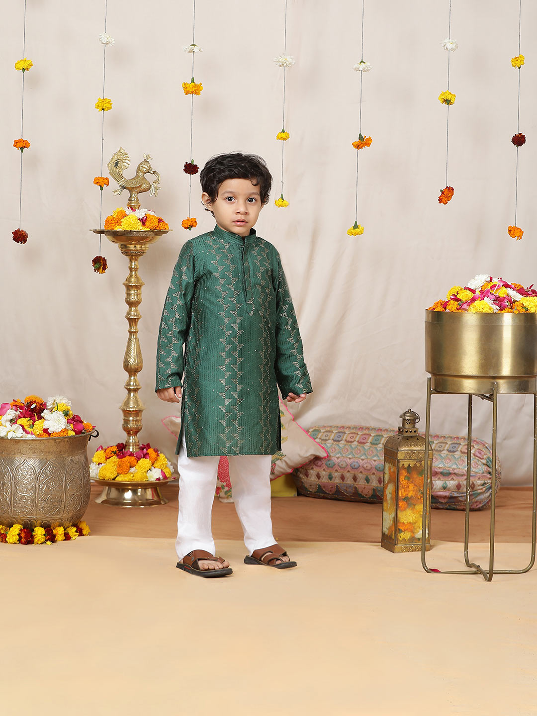 Boy's Green Sequinned Embroidered and Thread Work Chanderi Silk Straight Kurta