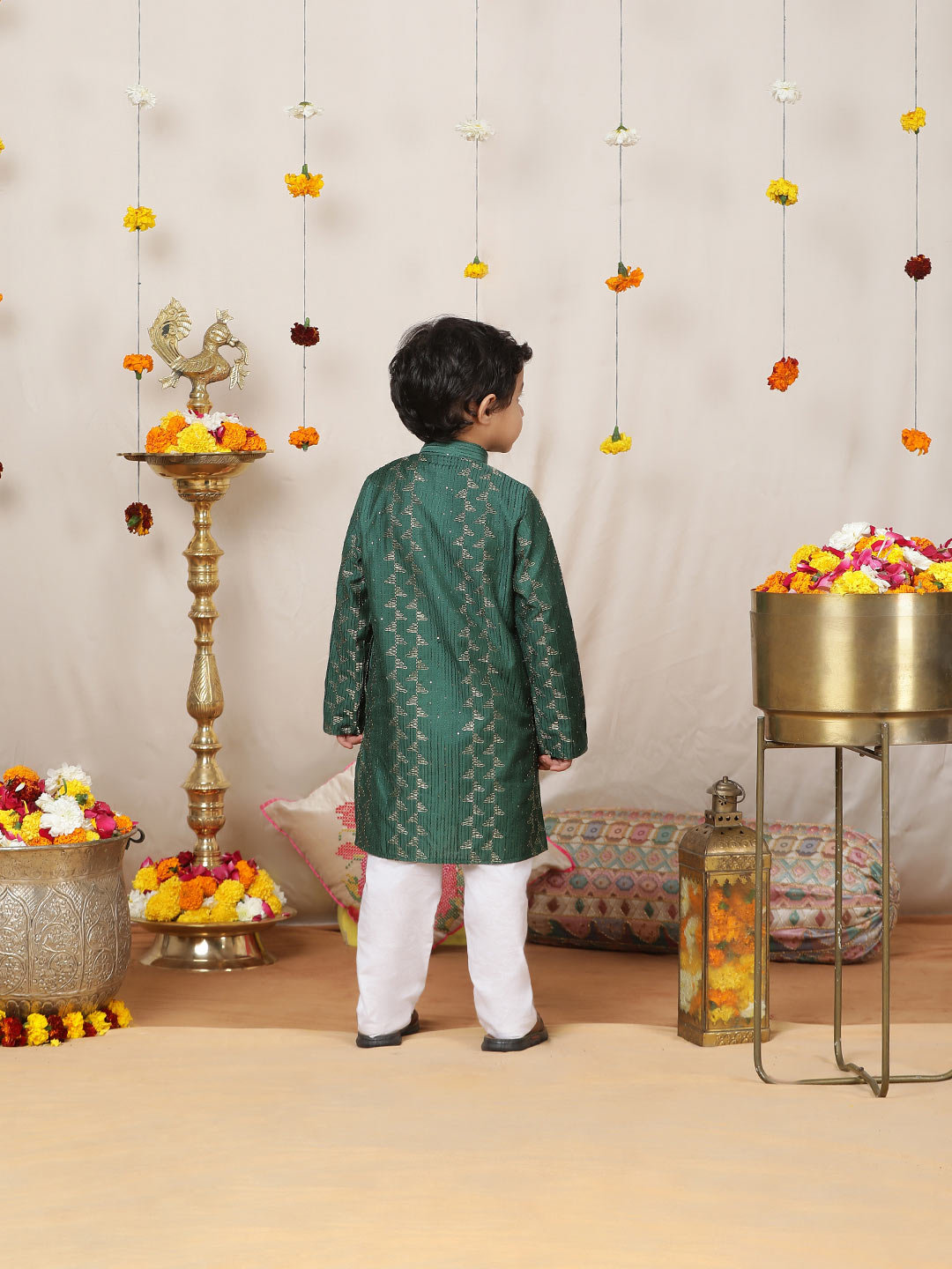 Boy's Green Sequinned Embroidered and Thread Work Chanderi Silk Straight Kurta