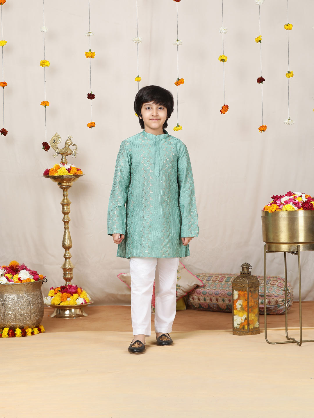 Boy's Ice Green Sequinned Embroidered and Thread Work Chanderi Silk Straight Kurta with Pyjama