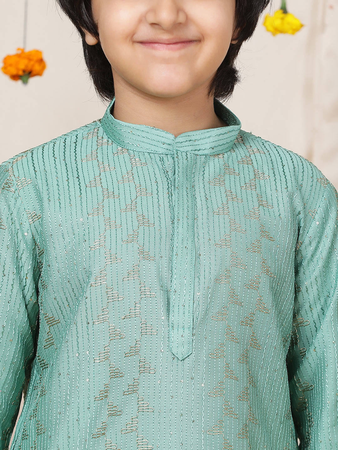 Boy's Ice Green Sequinned Embroidered and Thread Work Chanderi Silk Straight Kurta