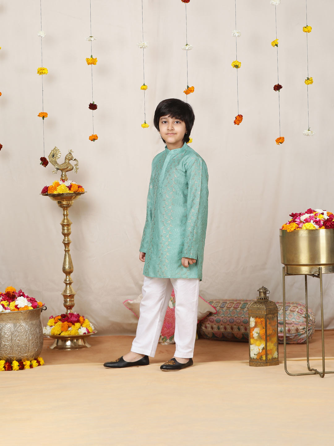 Boy's Ice Green Sequinned Embroidered and Thread Work Chanderi Silk Straight Kurta with Pyjama