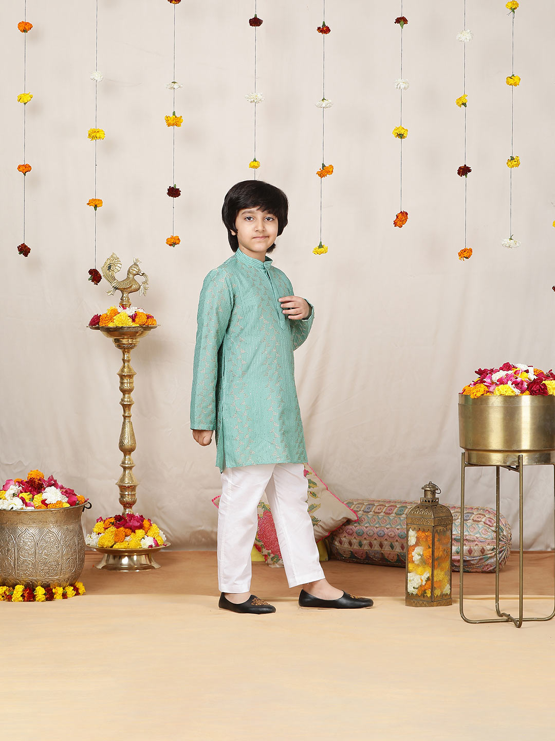 Boy's Ice Green Sequinned Embroidered and Thread Work Chanderi Silk Straight Kurta with Pyjama