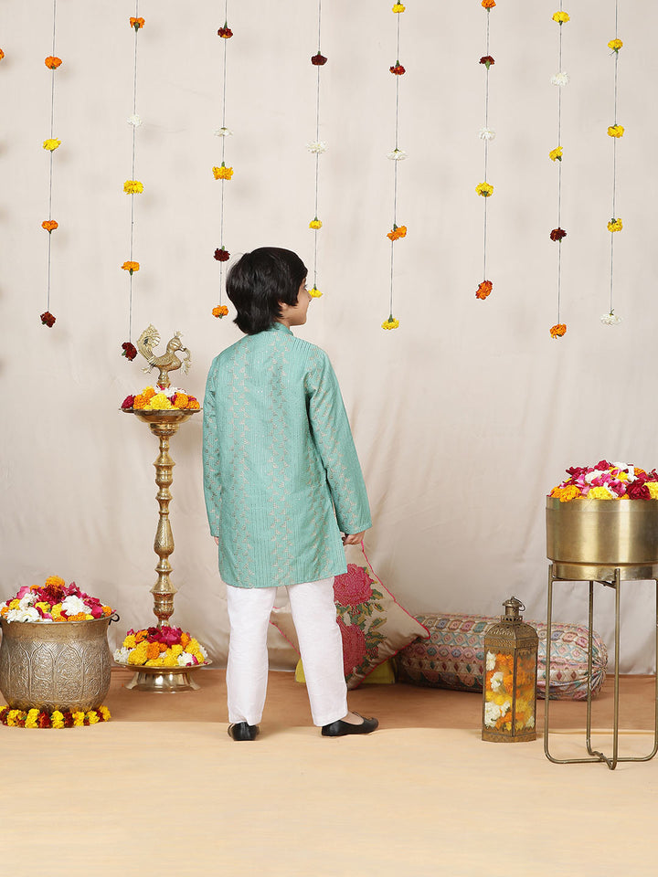 Boy's Ice Green Sequinned Embroidered and Thread Work Chanderi Silk Straight Kurta with Pyjama