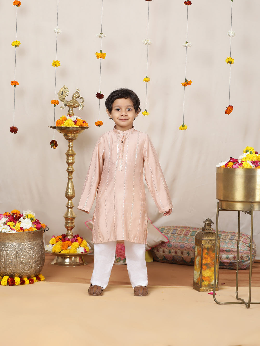 Boy's Pink Sequins Embroidered Pure Chanderi Silk Straight Kurta with Pyjama