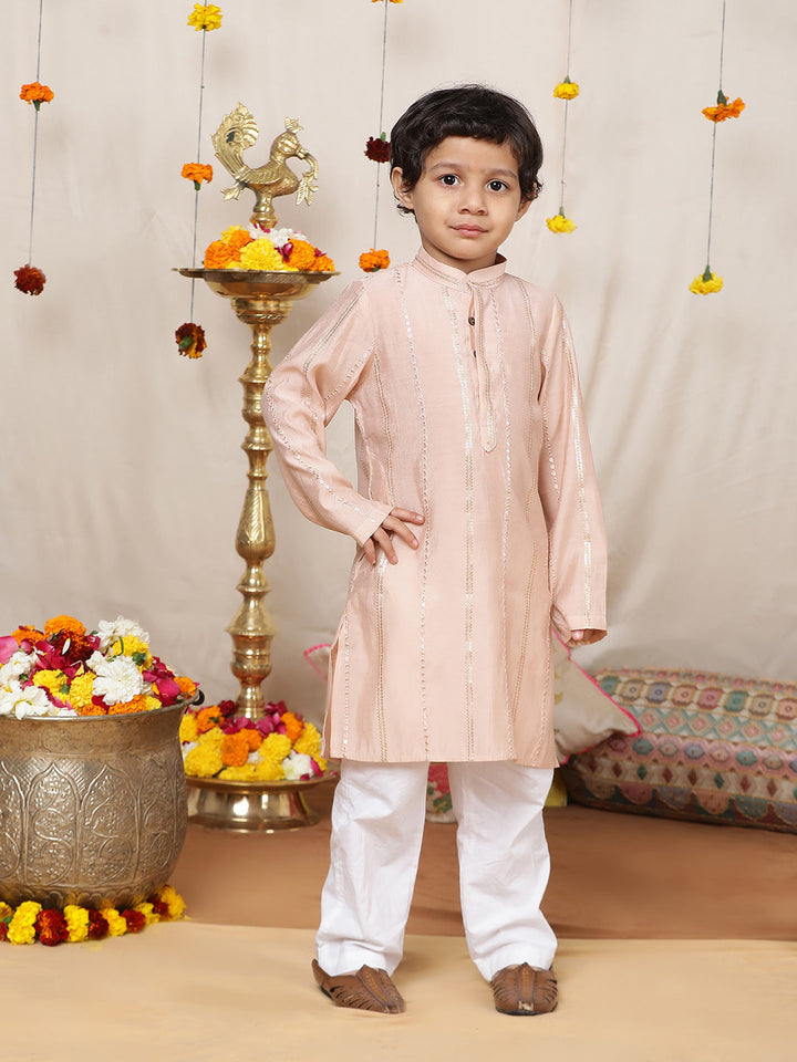 Boy's Pink Sequins Embroidered Pure Chanderi Silk Straight Kurta