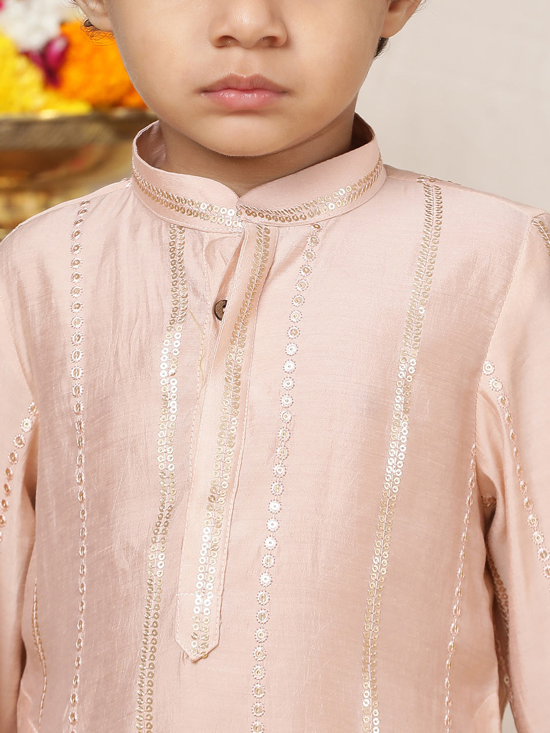 Boy's Pink Sequins Embroidered Pure Chanderi Silk Straight Kurta with Pyjama