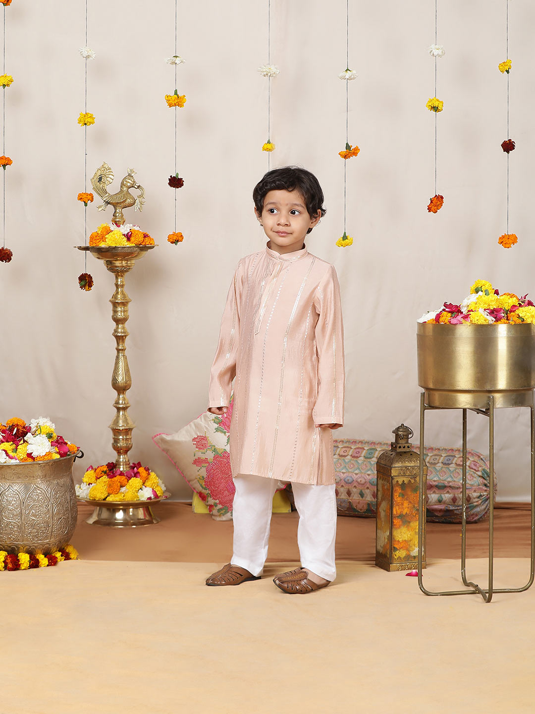 Boy's Pink Sequins Embroidered Pure Chanderi Silk Straight Kurta with Pyjama