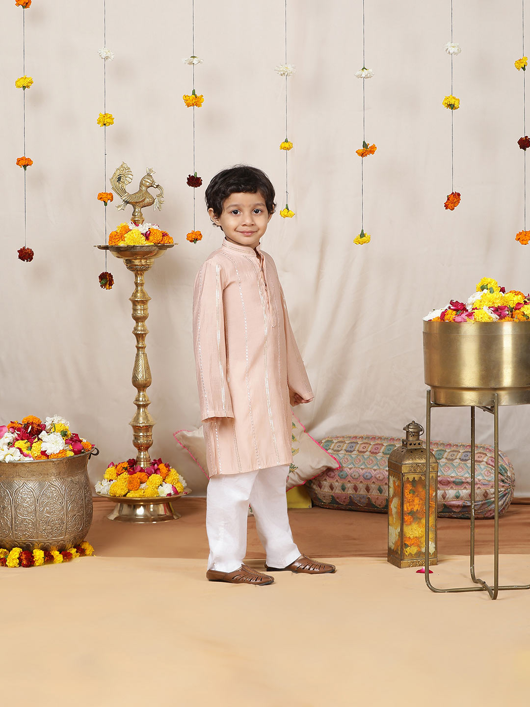 Boy's Pink Sequins Embroidered Pure Chanderi Silk Straight Kurta