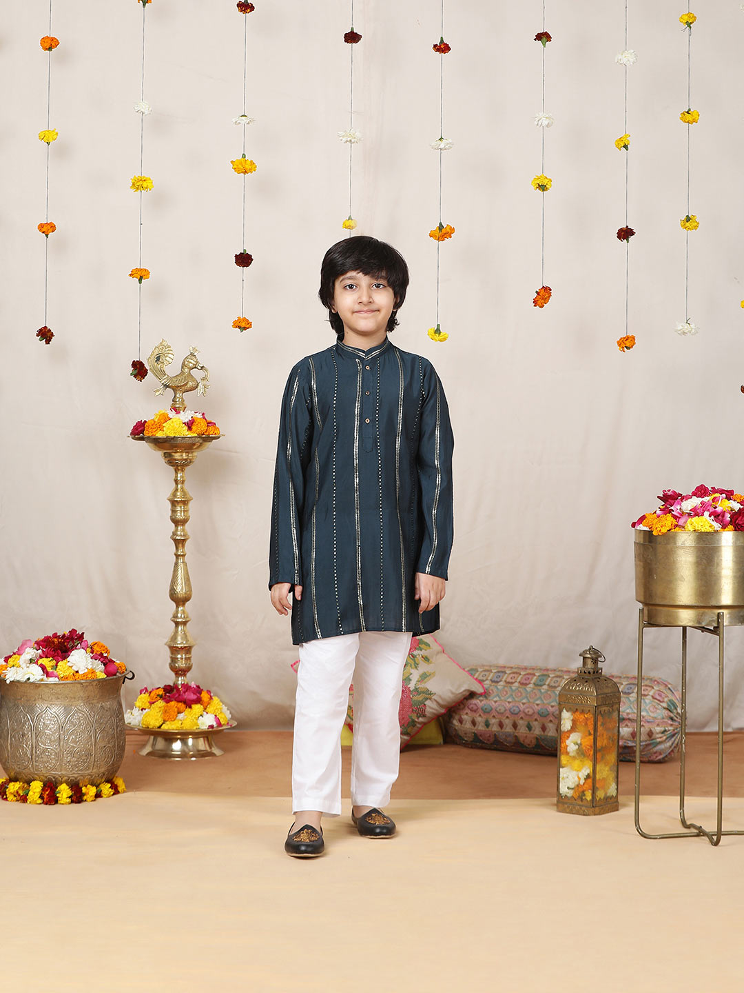 Boy's Prussian Blue Sequins Embroidered Pure Chanderi Silk Straight Kurta